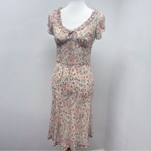 NWT 90's Vintage Floral Silk Midi Dress. Tie front sheer whimsigoth milkmaid NEW